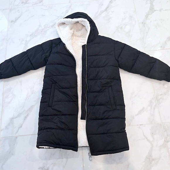 Brand New AVEC LES FILLES WOMEN'S Black Faux Fur Lined Zip-Up Puffer Coat Size L